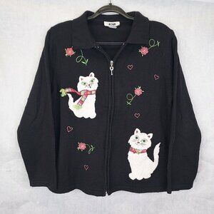 Alia Cat Lover Cardigan Sweater Women Petit L Black Full Zip Applique Embroidery